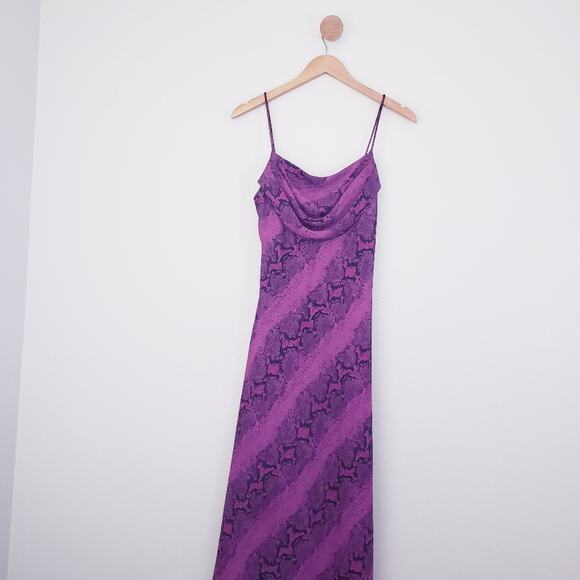 Vintage 90s Jump Apparel Snakeskin Maxi Slip Dress Cowl Neck Purple Black - Picture 1 of 9